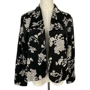 Chico's Black Floral Embroidered Silk Cotton Blend Blazer Jacket Us 12 Sz 2